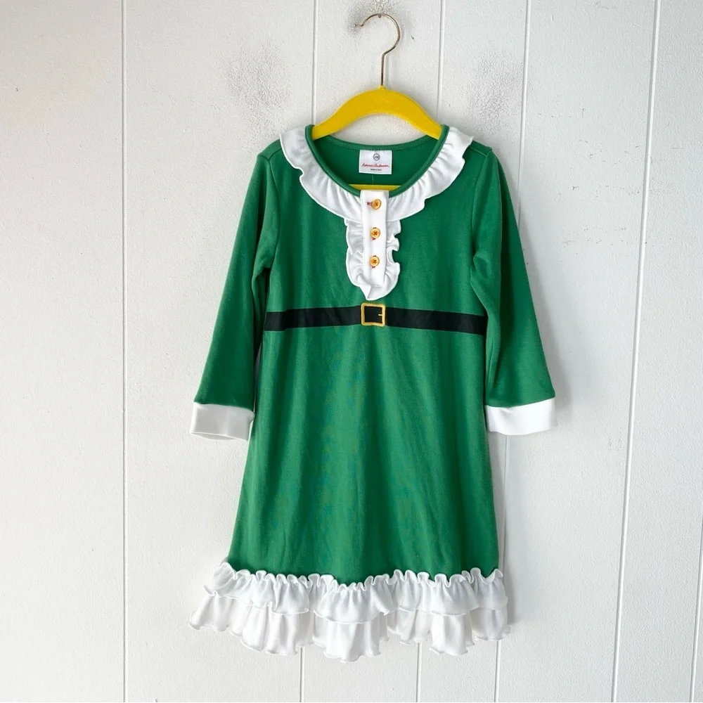 Hanna Andersson Misa Nick Holiday Pajama Dress Girls Sz 100 US 4 Green White Elf
